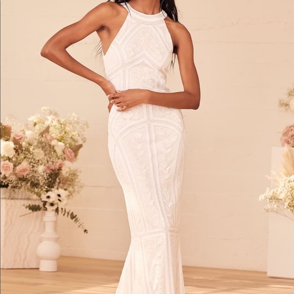 Lulus Dresses & Skirts - Lulu’s XL White Beaded Lace Sequin Halter Mermaid Dress Wedding Prom